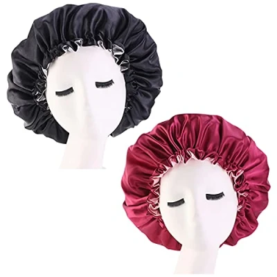 Afbeelding van 2 stuks satijnen slaapmuts met elastische brede band voor dames en meisjes, vlechten, natuurlijk lang haar, krullend haar (zwart wijnrood)