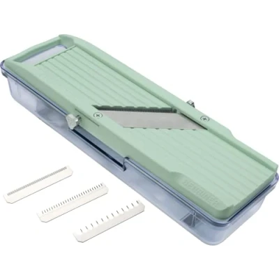 Afbeelding van Benriner BN 3GR Japanse handheld mandolinesnijder met drie verwisselbare roestvrijstalen messen ivoor, groentefruitsnijder, dunschiller, roestvrij staal, groen, opvangbak