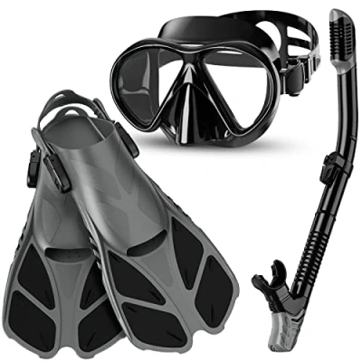 Afbeelding van Smyidel Snorkelset, duikbril met snorkel en zwemvliezen, snorkelset voor volwassenen, duikset, heren dames, duiken, snorkelen, set van 3 (Black, ML/XL)