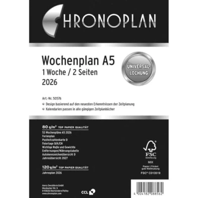 Afbeelding van Chronoplan 50576 agendavulling 2026, weekplanner, A5, 148 x 210 mm, reserve kalender voor afsprakenplanner, ideaal gedetailleerde weekplanning, 1 week op 2 pagina&#039;s in regels, met universele