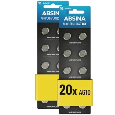 Afbeelding van ABSINA AG10, LR1130, set van 20, 1,5 V alkaline knoopcellen, lekvrij en met lange houdbaarheid, LR54, V10GA / RW49, G10A, 189, GP189, L1130, 89A, knoopcelbatterijen