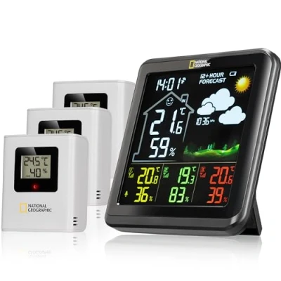 Afbeelding van National Geographic Weerstation VA Kleurendisplayweerstation incl. 3 sensoren Met Weersvoorspelling, Alarmfunctie etc.