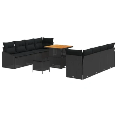 Afbeelding van vidaXL 11 delig Tuinbankstel met Kussens Zwart Poly Rattan Acacia, 2 zits Tuinbank Opbergruimte &amp; Rattan, 3 Tuin Eetset Acacia