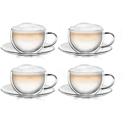 Afbeelding van Creano Thermo kop dubbelwandige thee/latte macchiato cappuccino cup met onderzetter 250ml, set van 4