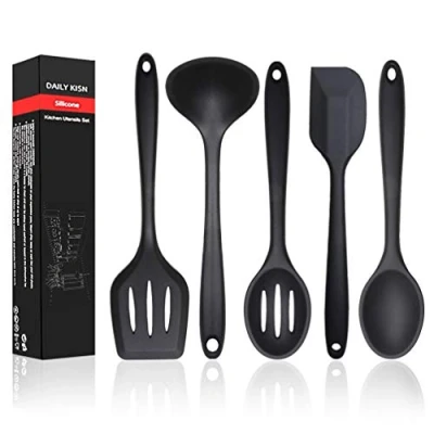 Afbeelding van Siliconen keukengerei Set, 5 STKS Hittebestendig Niet Stick Kookgereedschap, Spatel/Turner/Serveerlepel/Soeplepel/Slotted Lepel, voor Thuis en Camping