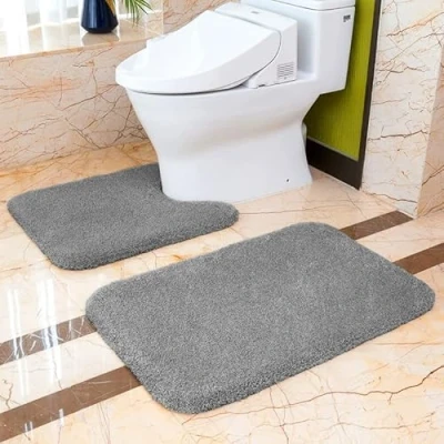 Afbeelding van Zachte badmatset, antislip, van dikke en pluizige microvezel, 2 delige set, badmat 50 x 80 cm + wc mat 60 (donkergrijs)