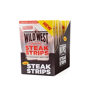 Afbeelding van Wild West Steak Strips, high Protein droog vlees, Beef Jerky snack, 16x25g Original,