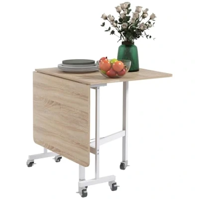 Afbeelding van HOMCOM Eettafel, Keukentafel met wielen, Klaptafel stalen frame, uitschuifbare eettafel voor 4 6 personen, keuken, eetkamer, eikenhout, 52,5 120 x 80 73 cm