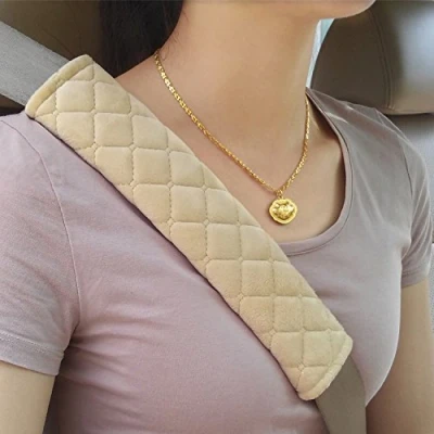 Afbeelding van MIKAFEN Autogordelkussen in verpakking van 2 stuks, bekleding voor zitgordel de auto meer comfort op reis, beige