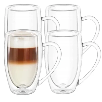 Afbeelding van Wilmax Dubbelwandige thermoglazen met handvat, set van 4, 500 ml, latte macchiato glazen, cappuccinoglazen koffieglazen, theeglazen, drinkglazen, thermokopjes