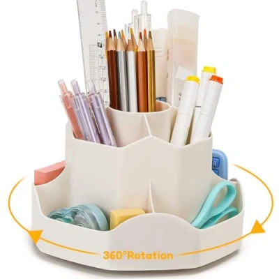 Afbeelding van Euqvunn Roterende Potlood en Pennenhouder voor Bureau, Pennenpot Bureau organizer met 9 Onafhankelijke Compartimenten, 360 Make up Organizer, Ruimtebesparende Potloodhouder Kinderen(Beige)