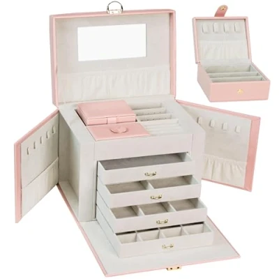Afbeelding van Sieradendoos, groot, afsluitbaar, 5 niveaus met laden, spiegel, voor ringen, oorbellen, kettingen en armbanden, elegant klassiek (roze3)