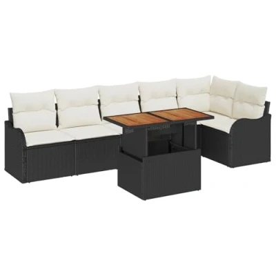 Afbeelding van vidaXL 7 delige tuinsofa set met kussens zwart poly rattan