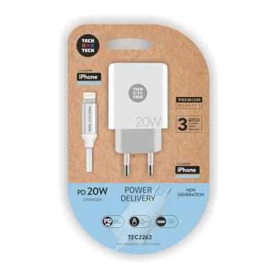 Afbeelding van Wandlader + MFI Lightning Kabel Tech One Wit 20 W