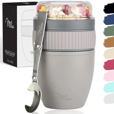 Afbeelding van Milu muesli cup to go 400 ml, kunststof yoghurtbeker, mueslibeker, lekvrije beker met yoghurt/paplepel (taupe)