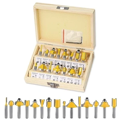 Afbeelding van 15 delige freesset, 6,35 mm schacht, houtbewerking, router bit, houtfrees, bovenfrees, gereedschap met houten koffer en sleutel, voor houtbewerking doe het zelf