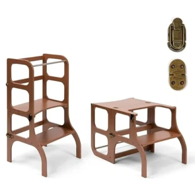 Afbeelding van Ette Tete Step &#039;n Sit Leertoren Mocha Mousse met brass clips Inklapbaar tot tafel en stoel Learning Tower Montessori inspired Keukentrap Keukenhulp Leerstoel Veilig Duurzaam