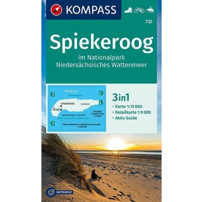Afbeelding van KOMPASS Wanderkarte 732 Spiekeroog: 3in1 mit Aktiv Guide und Detailkarte. Fahrradfahren Reiten.