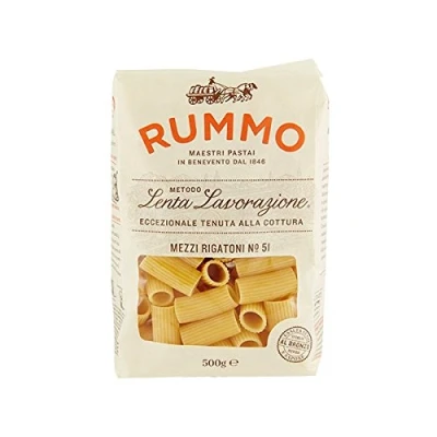 Afbeelding van Rummo Mezzi Rigatoni N51 Pasta Lenta Lavorazione deegwaren van harde tarwegriet, bronzen tekening 500 g