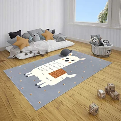 Afbeelding van Kindervloerkleed Alpaca Smile Grijs/mosterdgeel 120x170 Cm