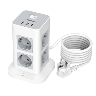 Afbeelding van TESSAN meervoudige stekkerdoos met overspanningsbeveiliging 3600W, 16A, 8 voudige USB C stekker, 2 m verlengkabel, stekkertoren verdelerstopcontact voor thuis