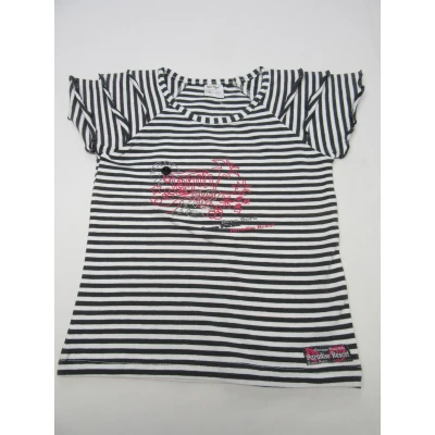 Afbeelding van Dirkje , meisje, t shirt korte mouw streepje wit/ grijst tahiti rose 110 5 jaar