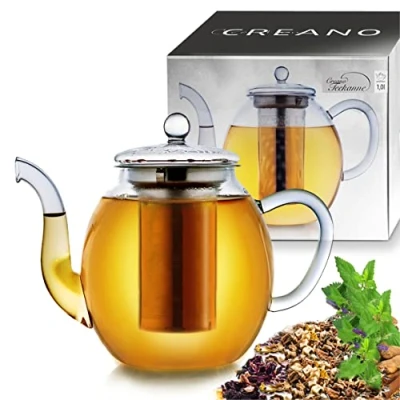 Afbeelding van Creano glazen theepot 1.0l 3 delige met geïntegreerde roestvrijstalen zeef en deksel, ideaal voor het bereiden van losse thee, druppelvrij, alles in één