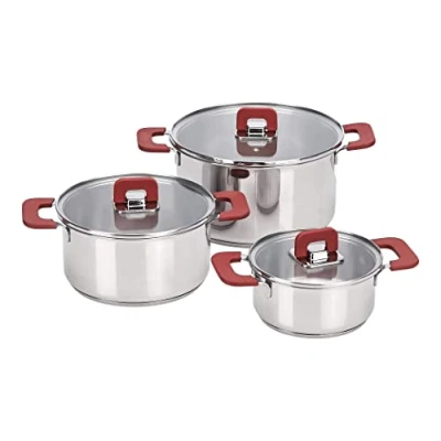 Afbeelding van Amazon Basics 3 stuks pannenset roestvrij staal, anti aanbak, geschikt voor inductie, met deksels 16/20/24 cm