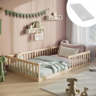 Afbeelding van Kinderbed bodembed 120x200 cm met matras, lattenbodem &amp; valbescherming Montessori bed ledikant kinderen tienerbed eenpersoonsbed optioneel matras natuur andere maten 90x200 140x200