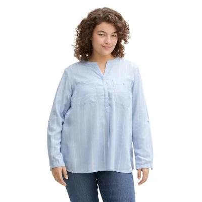 Afbeelding van TOM Tailor PLUS Gestreifte MIT Brusttaschen Blouse, Dames, Maat: 46, Blue lurex stripe