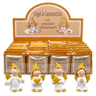 Afbeelding van MIJOMA Set van 24 beschermengel in zak, 2 voudig gesorteerd, delige display, gastgeschenk, geluksbrenger voor bruiloft, doop, geboorte, Kerstmis (goudgeel/wit)