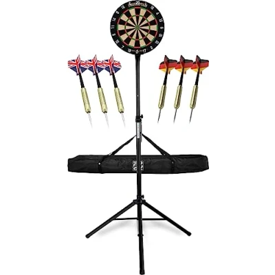 Afbeelding van Stagecaptain DBS 1715C BullsEye Champion Dartbord standaard set uit sisal met statief en tas Dart bord roterende nummerring Dartboard 6 stalen dartpijlen 12 flights