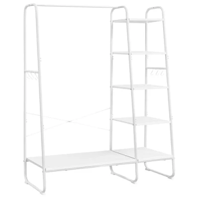 Afbeelding van VASAGLE Kledingrek, kapstok, 45 x 120 160 cm, garderobe, kledingstang, schoenenrek, open kledingkast, 6 haken, afneembaar, slaapkamerhal, wolkenwit mat wit RGR116W02