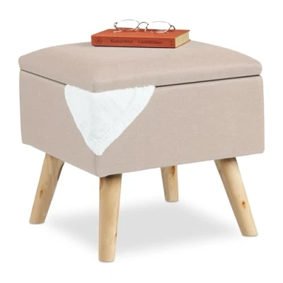 Afbeelding van Relaxdays poef met opbergruimte krukje hocker zitbank voetenbank houten poten beige