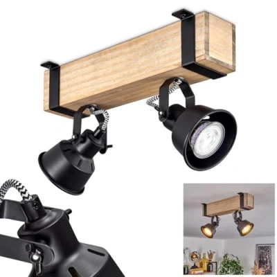 Afbeelding van HOFSTEIN plafondlamp Safari, moderne van metaal/hout in zwart/naturel, industrieel design met verstelbare schermen, 2 spots, x GU10 zonder lamp