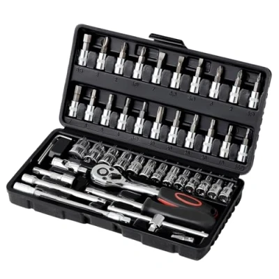 Afbeelding van Giftpot Sleutelsleuven, set van 46 stuks, Cr V, 72 tanden, 1/4 inch, met gereedschapskoffer, verchroomd, spiegel gepolijst, ideaal voor thuis en autoreparaties