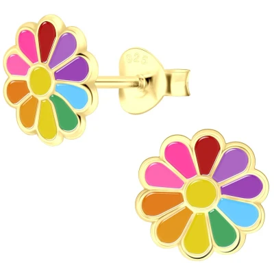 Afbeelding van JoyS Zilveren Madelief bloem oorbellen multicolor 8 mm 14k goudplating