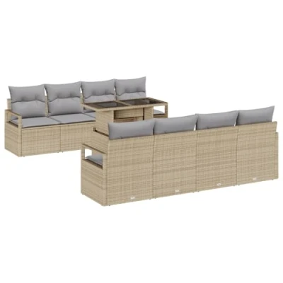 Afbeelding van vidaXL 9 Delige Tuin Sofa Set met Kussens Beige Poly Rattan