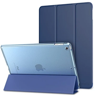 Afbeelding van MoKo hoes compatibel met iPad 9.7 2017/2018, 5./6e generatie PU lederen beschermhoes shell Smart Case doorzichtige achterkant deksel auto slaap/waak stand functie, marineblauw