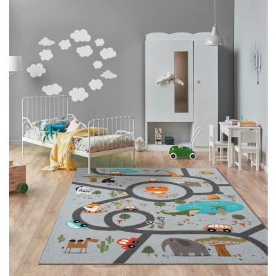 Afbeelding van Vloerkleed kinderkamer Grijs 200x290 cm Afwasbaar Antislip Tapijt voor jongens en meisjes met een straat jungledieren Happy Life by the carpet