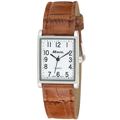Afbeelding van Ravel Traditioneel rechthoekig uniseks horloge met duidelijke numerieke wijzerplaat Analoge Kwarts R0120.12.1A Zilverkleurig/bruin
