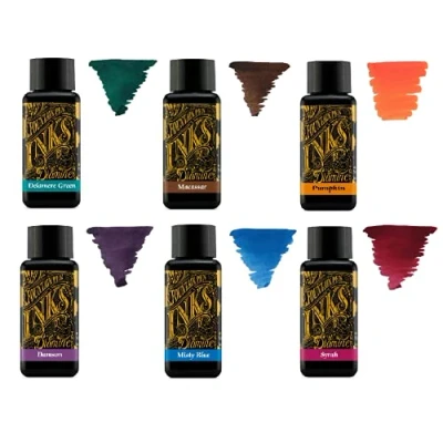 Afbeelding van Diamine Vulpeninkt 30ml Kleurenwiel 6 x Flessen Delamere Green, Macassar, Pompoen, Damson, Misty Blue, Syrah