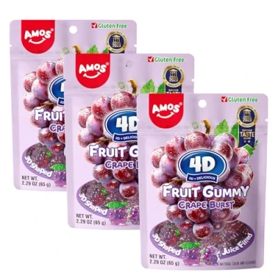 Afbeelding van AMOS 4D Grape Burst Gummy Fruitige Snacks, met druivengelei gevulde gummibeertjes voor het versieren van cupcakes, glutenvrij en vetvrij snoep, Halloween snoep 64,92 gram per zak (3 pack)