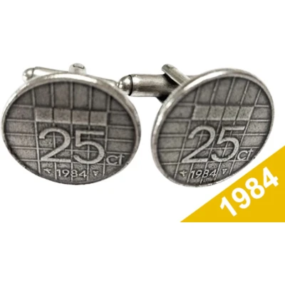 Afbeelding van Manchetknopen Kwartje 1984 Verzilverd Uniek en Stijlvol Sieraad met Jaartal Cadeau Geboortejaar Alle Jaartallen Beschikbaar Doorsnede 1,8 cm