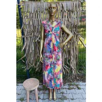 Afbeelding van Lange Zomerjurk Morena Bladmotief Roze Geel One Size