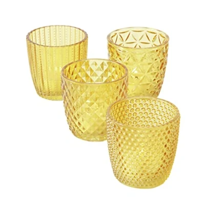 Afbeelding van Boltze Marilu 2001878 Windlichtset, 4 delig, geel, decoratieve glazen voor kaarsen, theelichtjes, kaarsenstandaard, diameter 8 cm, verschillende patronen, vorm rond, theelichthouder)