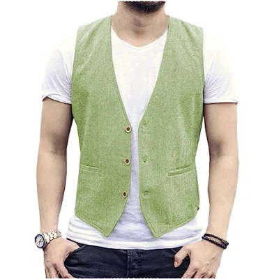 Afbeelding van AeoTeokey Heren zomer linnen vest pak casual regular fit, lichtgroen, L