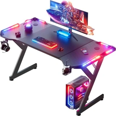 Afbeelding van HLONONE Gamingtafel met led, gamingbureau, 160 x 60 cm, stabiele computertafel koolstofvezelcoating, gamertafel bekerhouder en hoofdtelefoonhaak, zwart