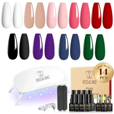 Afbeelding van ROSALIND Gel Nagels Starterset 14 Stuks Nagellak Met UV Lamp, Zwart, Wit, Rood, Nude, Roze Nagelset Set Voor Manicure
