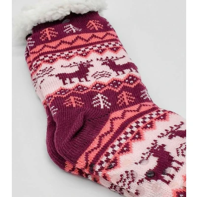 Afbeelding van Merino Wollen sokken Paars met Dennenboom maat 39/42 Huissokken Antislip Warme Winter